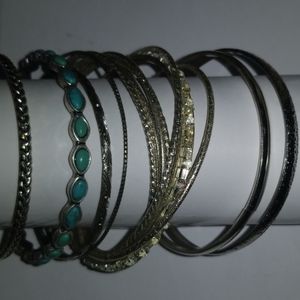 7 Bangle Bracelets Lot Silver Tone Mismatched Set